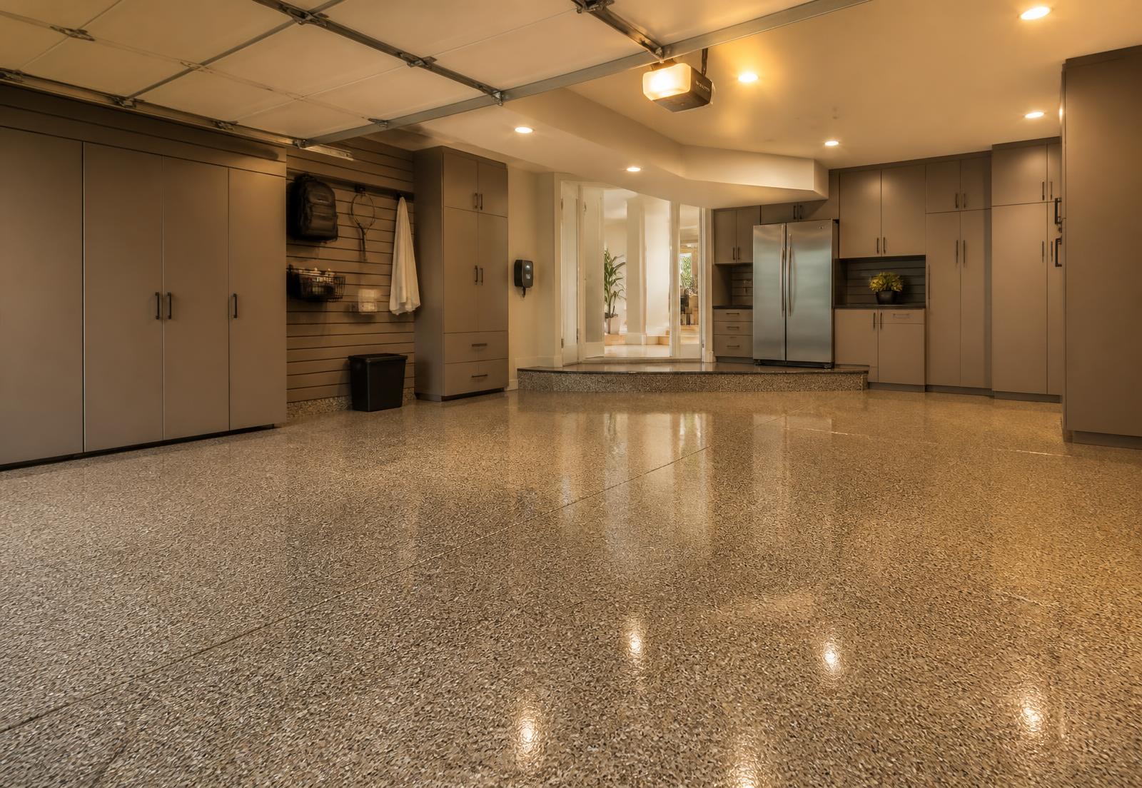 Garage with a finished Full Flake epoxy floor coating