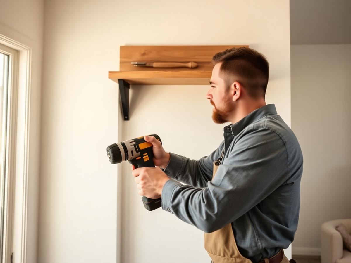 Handyman installing a wall shelf